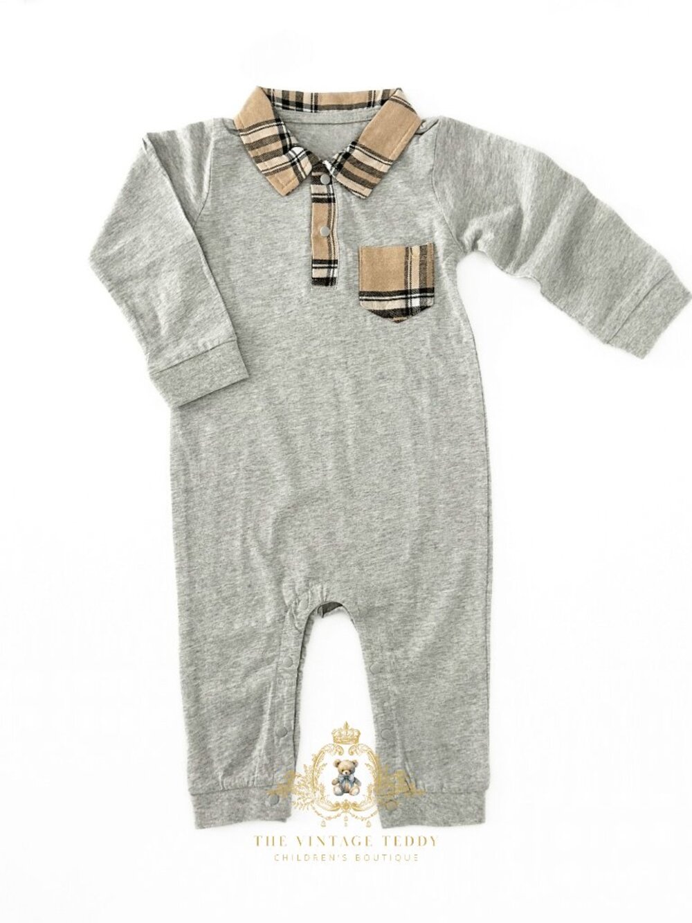 NWT Cute Boys One-piece Bodysuit Oxford Rompers Long Sleeve Plaid Gray 0-3M
